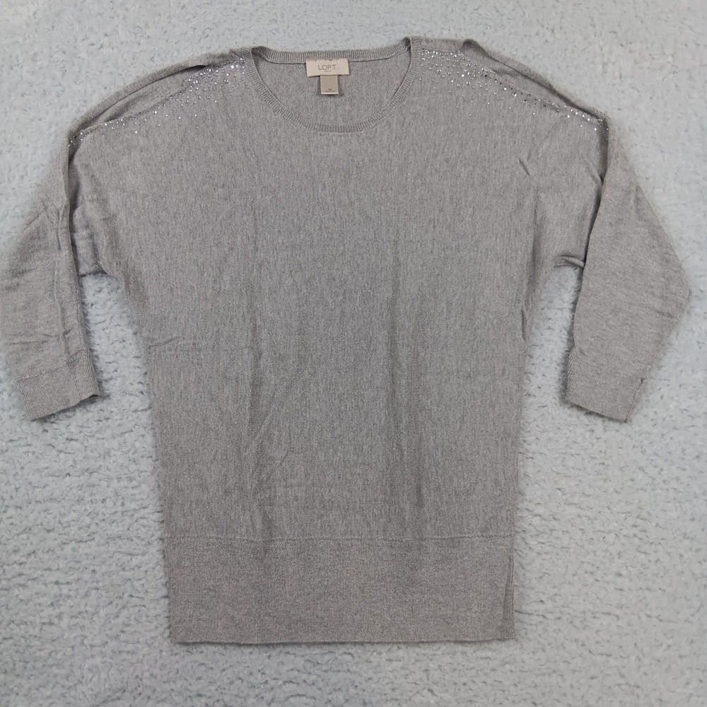 Loft Sweater Womens Medium Gray Sequin Cold Shoulder 3/4 Sleeve Knit Pullover
